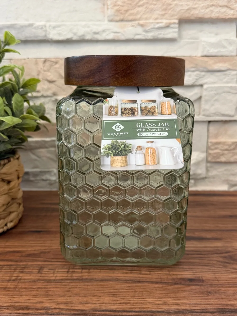 🆕 Green Honeycomb 80oz Glass Jar with Wooden Lid!